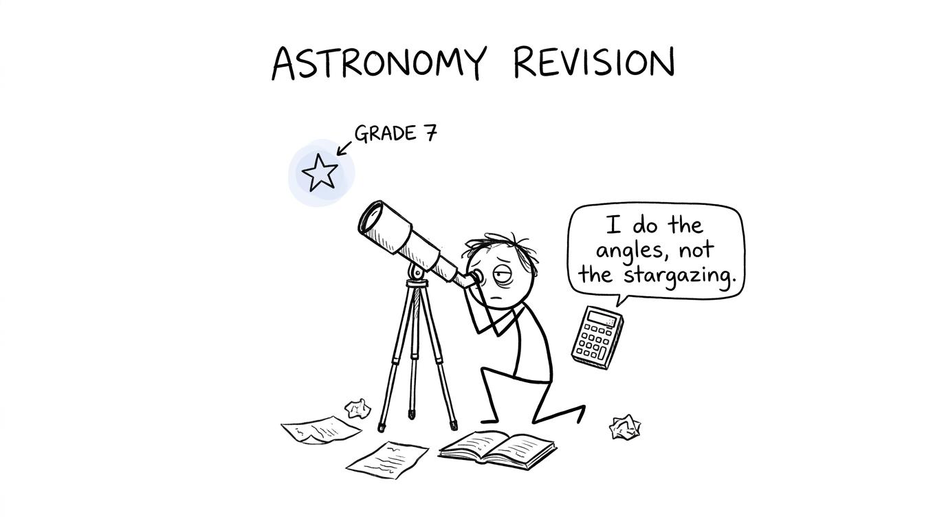 A GCSE student spots Grade 7 through a telescope while a calculator comments from the ground