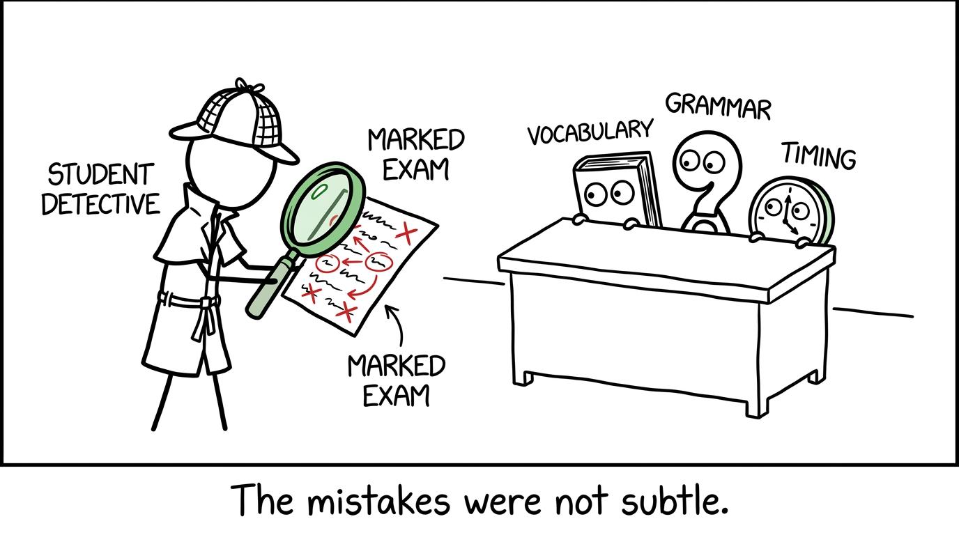 A student detective discovers vocabulary, grammar and timing behind the mistakes