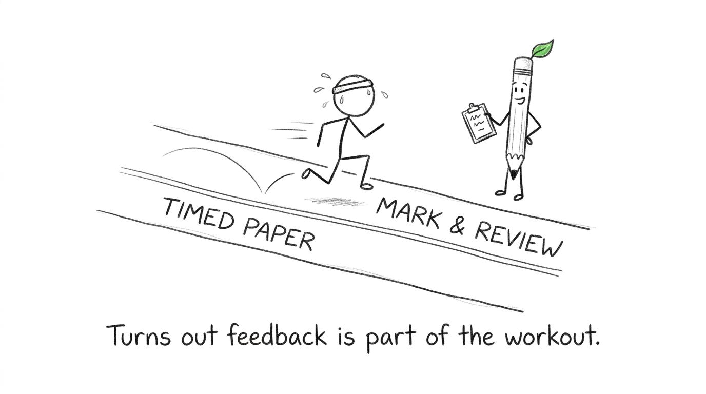 A student alternates timed practice with marking and review as part of the same training routine
