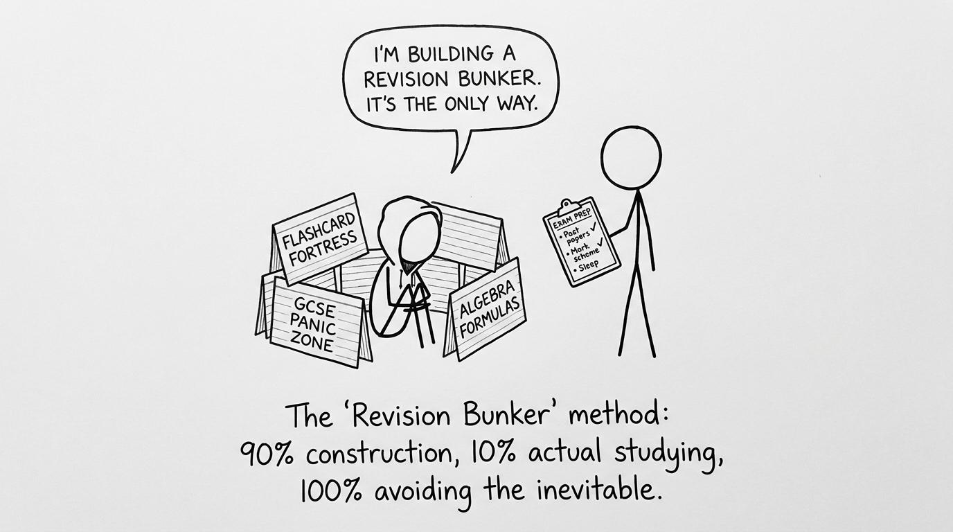 A student building a revision bunker out of flashcards