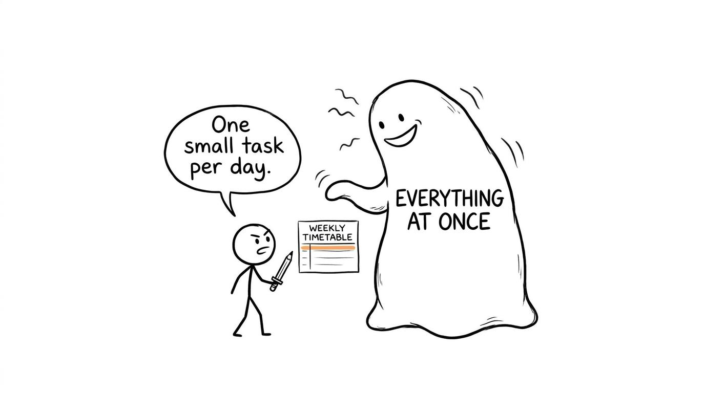 A student protects one small task from the Everything At Once monster