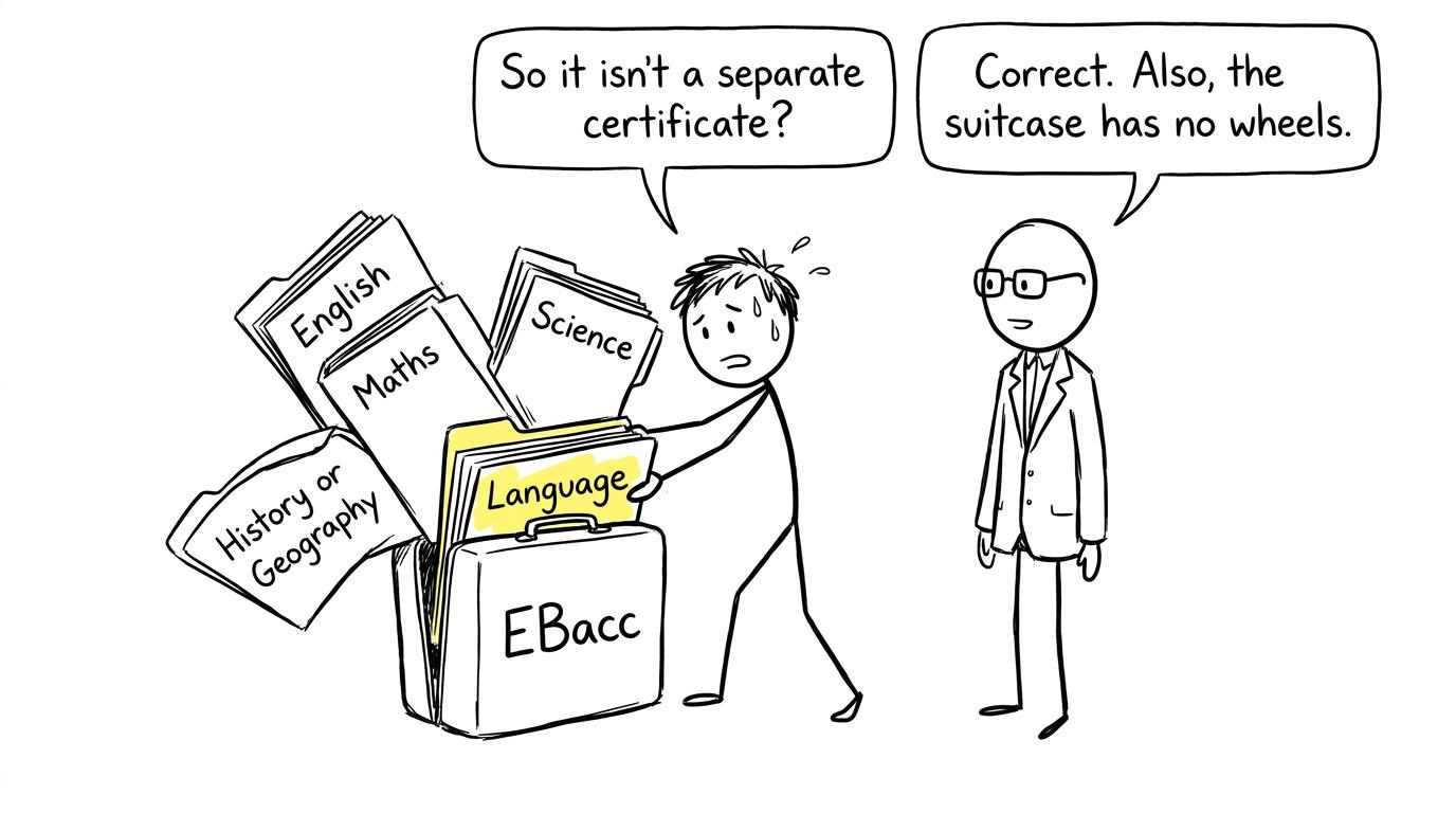 A student packing the five EBacc subject pillars into a suitcase