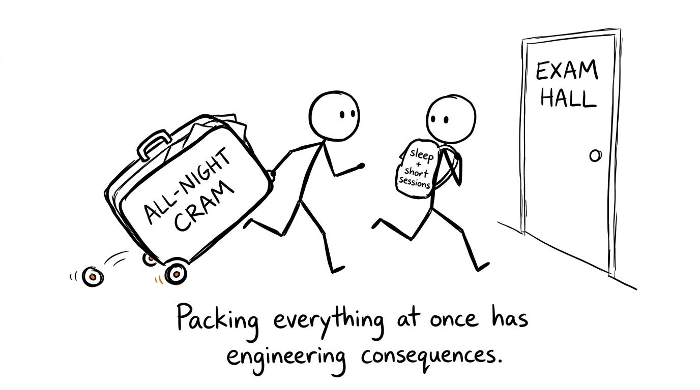 A small revision backpack overtakes an overloaded cram suitcase
