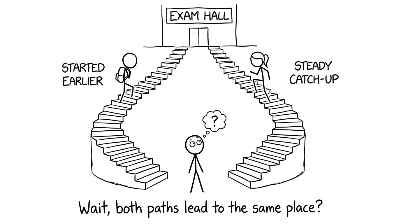 Two students take different staircases towards the same exam hall