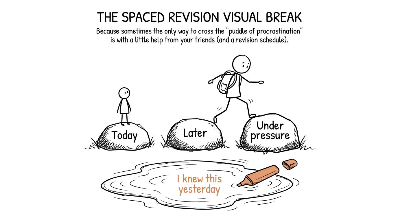 A student crosses three revision stepping stones while an abandoned highlighter floats away