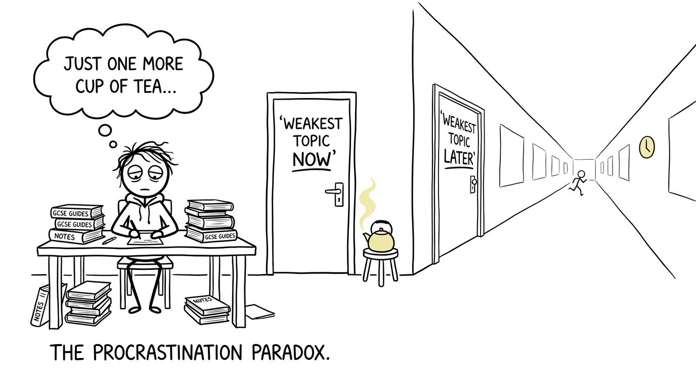 A student chooses between revising a weak topic now and postponing it forever