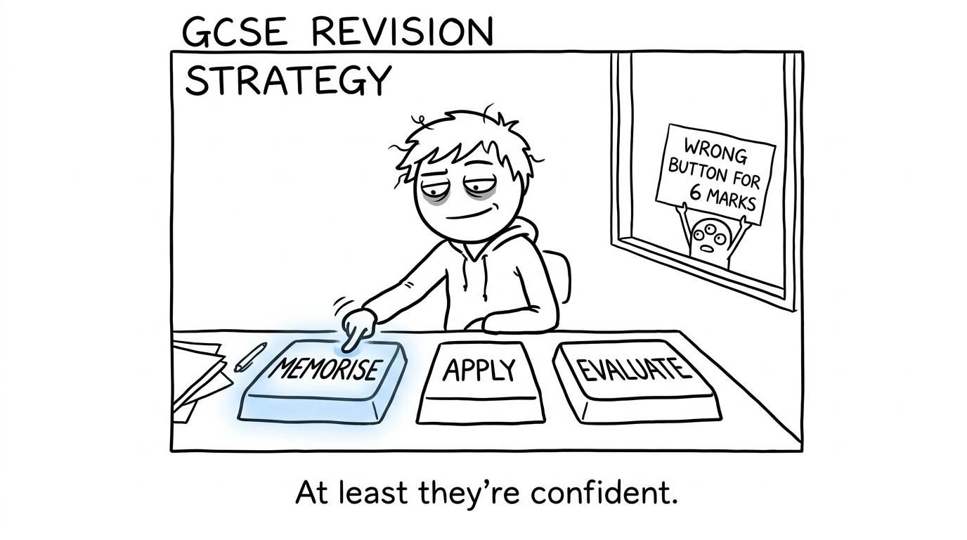A student chooses between memorising, applying and evaluating while an alien offers exam advice