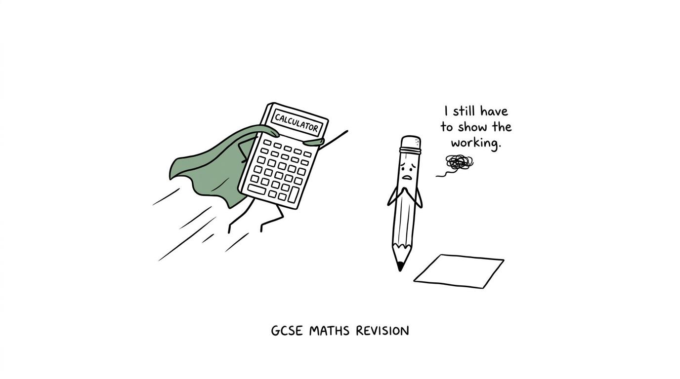 A heroic calculator arrives while a pencil reminds it that working still matters