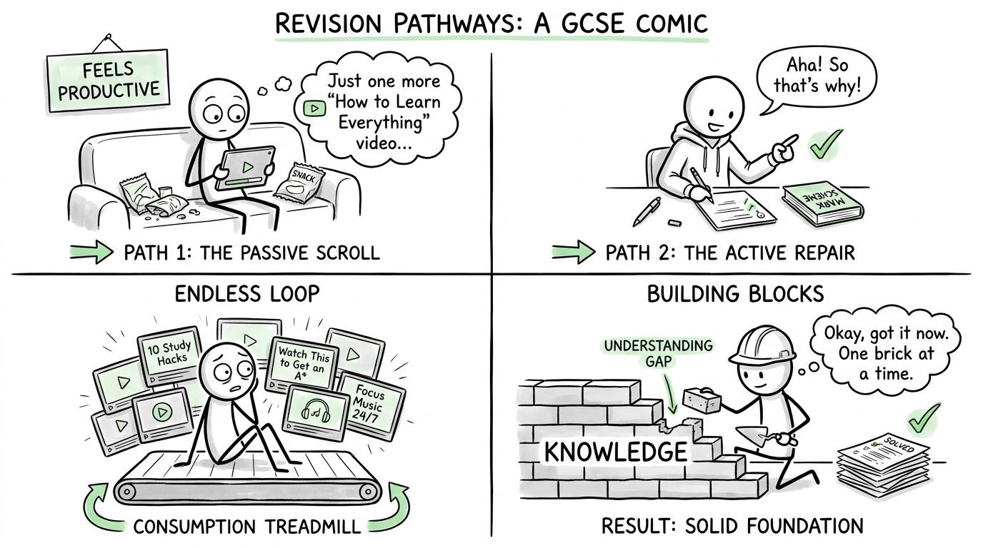 A student repairs a knowledge gap while another watches endless revision videos