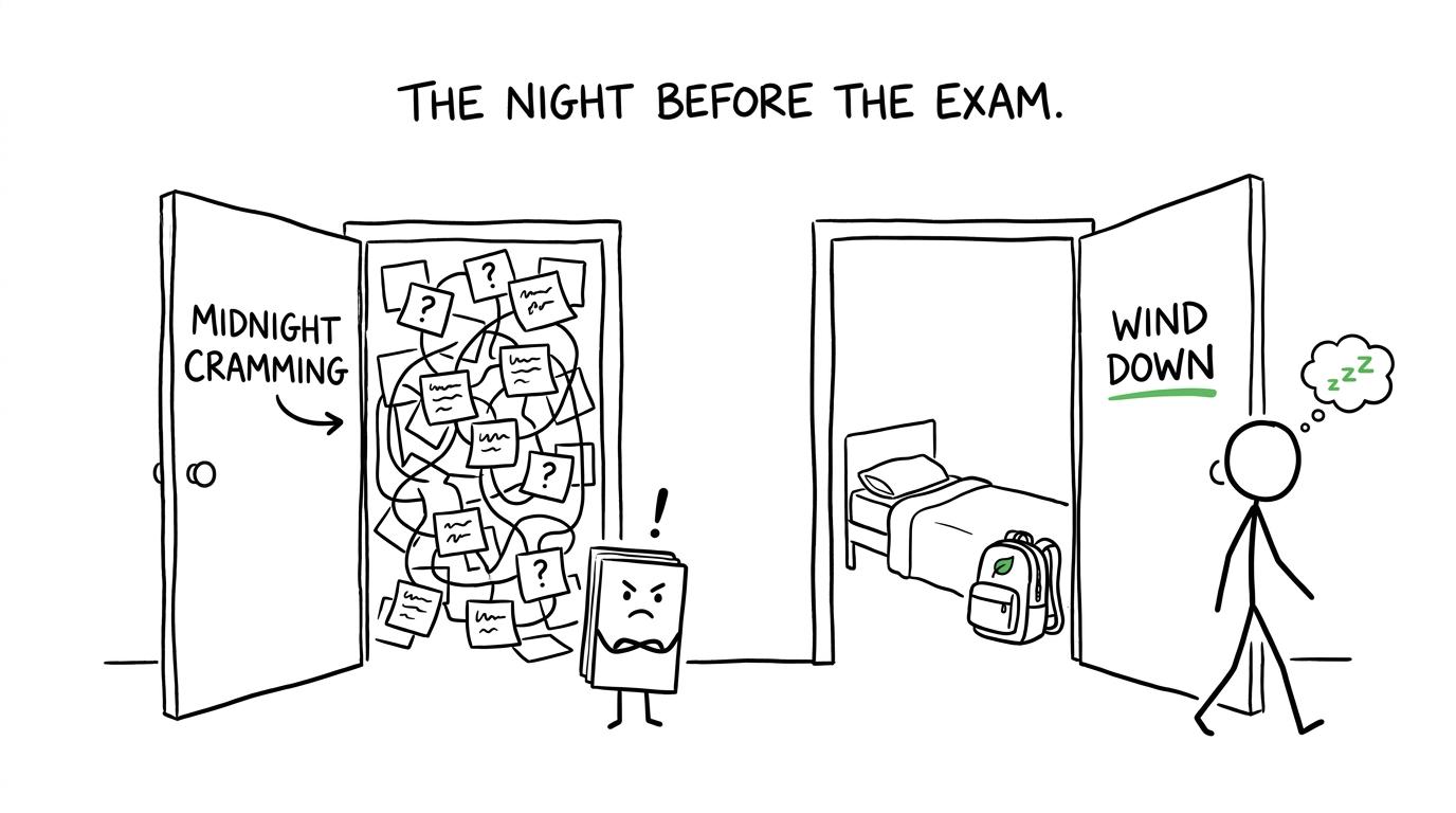 A student choosing the calm wind-down door instead of the midnight-cramming maze
