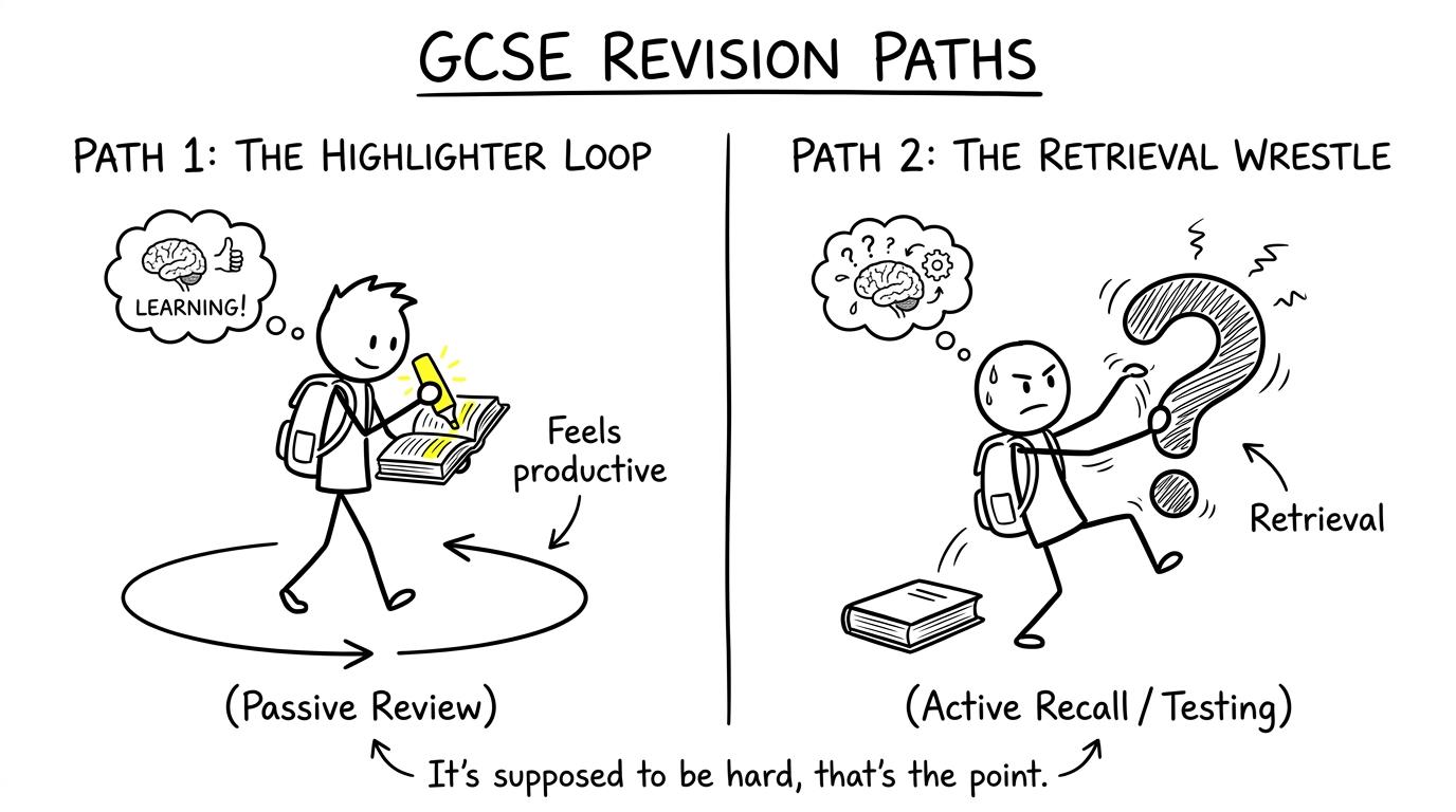 One student highlights in circles while another wrestles with retrieval