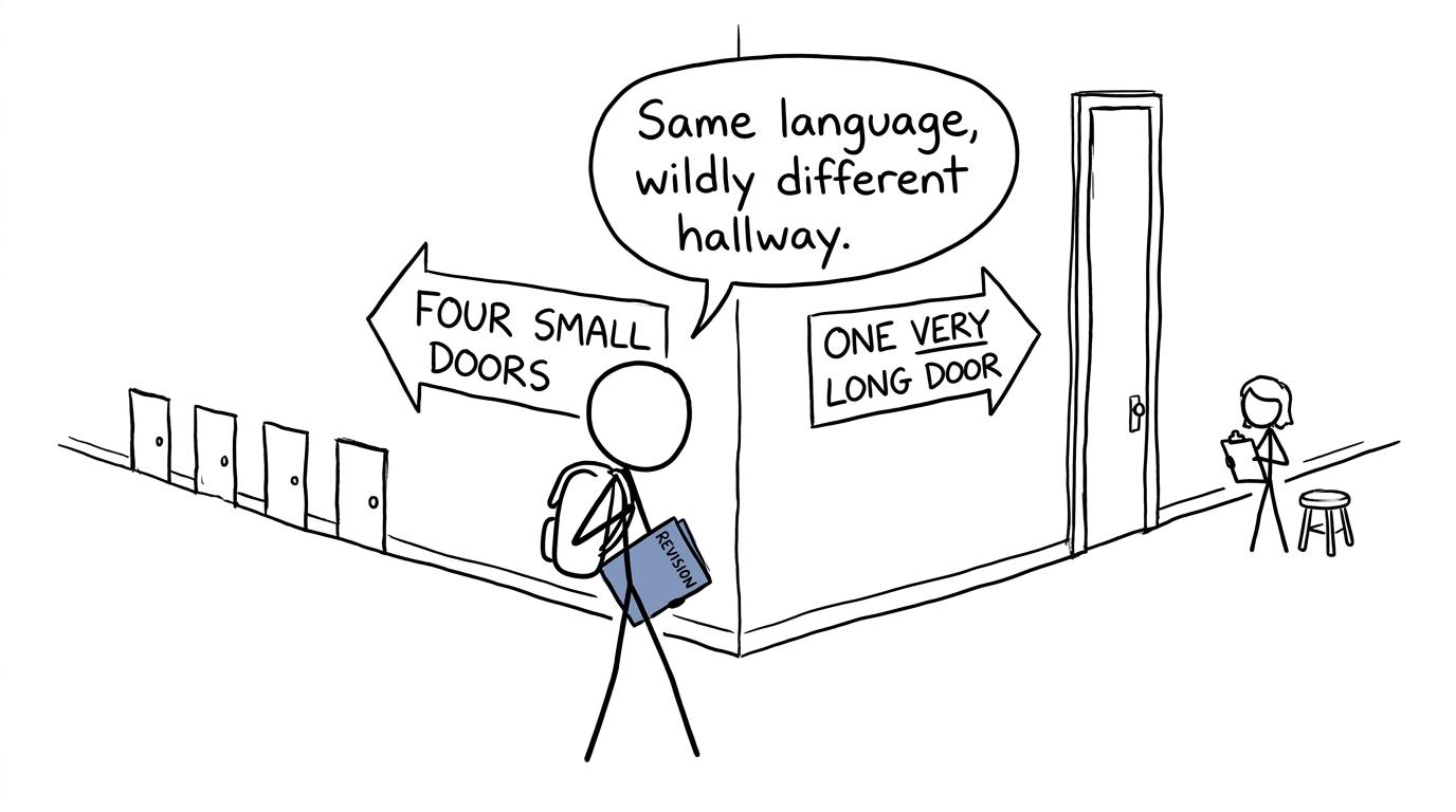 A student choosing between four small exam doors and one very long door