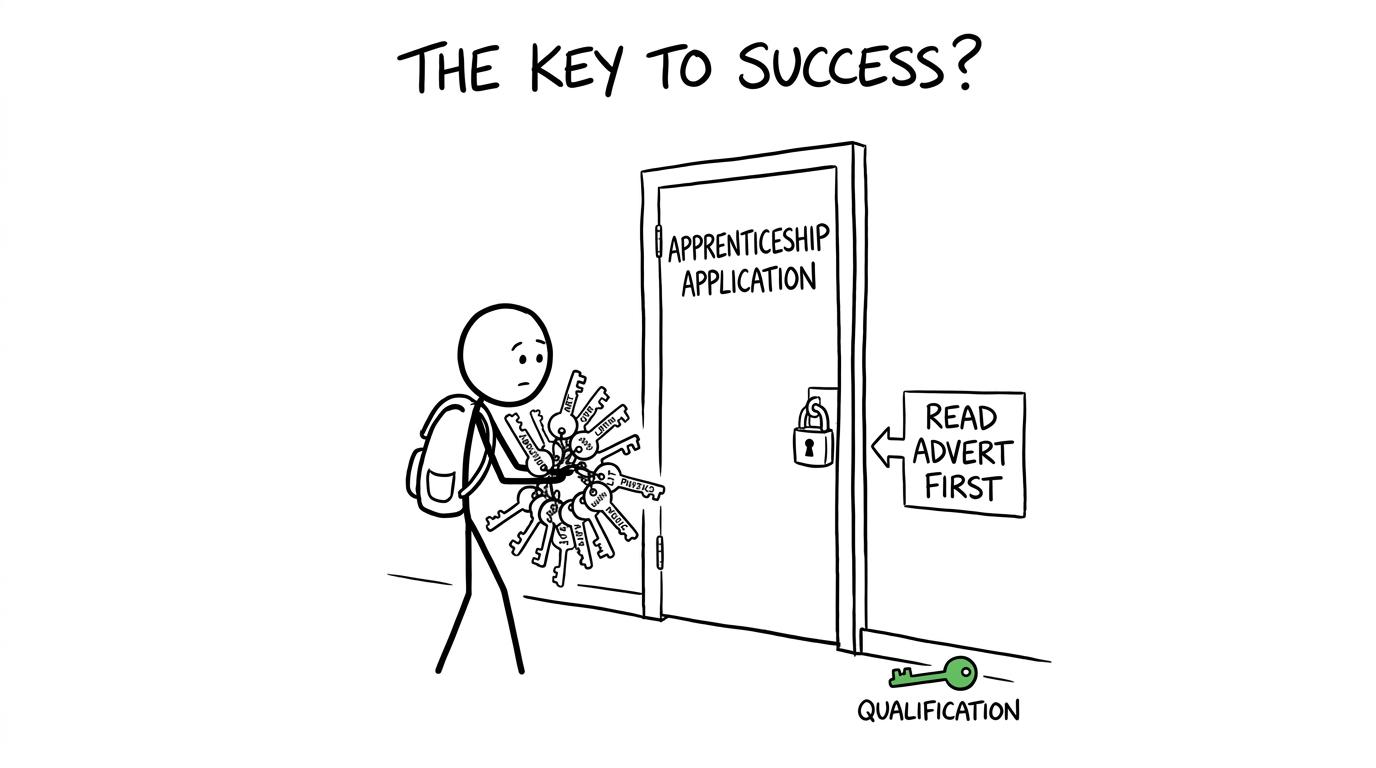 A student holds dozens of subject keys beside an apprenticeship door while a sign advises them to read the advert first