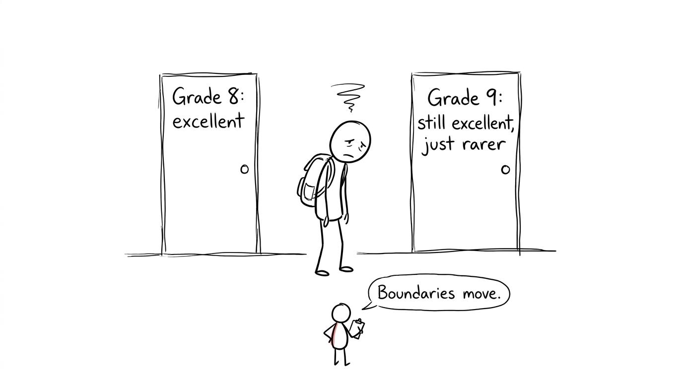 A GCSE student faces two doors labelled Grade 8 and Grade 9 while an examiner explains that boundaries move