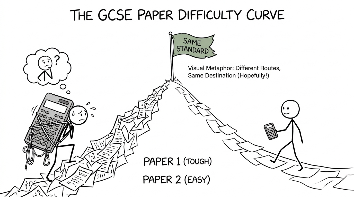 Two different exam-paper mountains lead towards the same standard