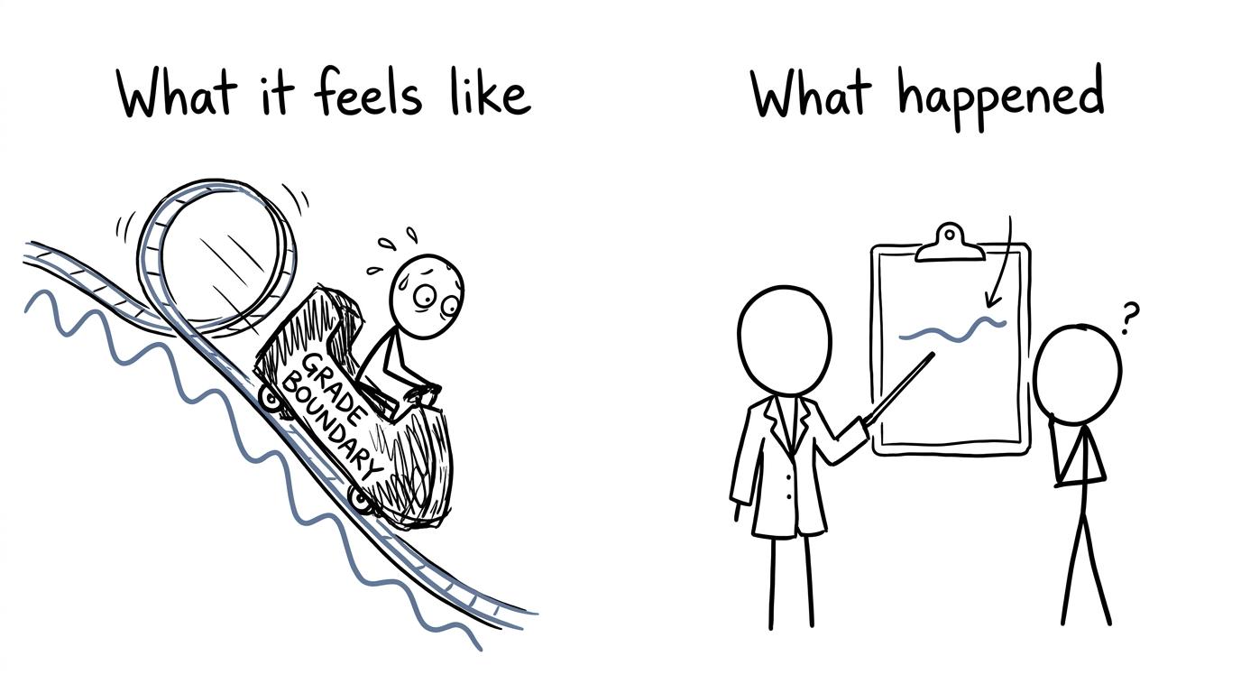 A student imagines a small grade-boundary movement as a giant rollercoaster