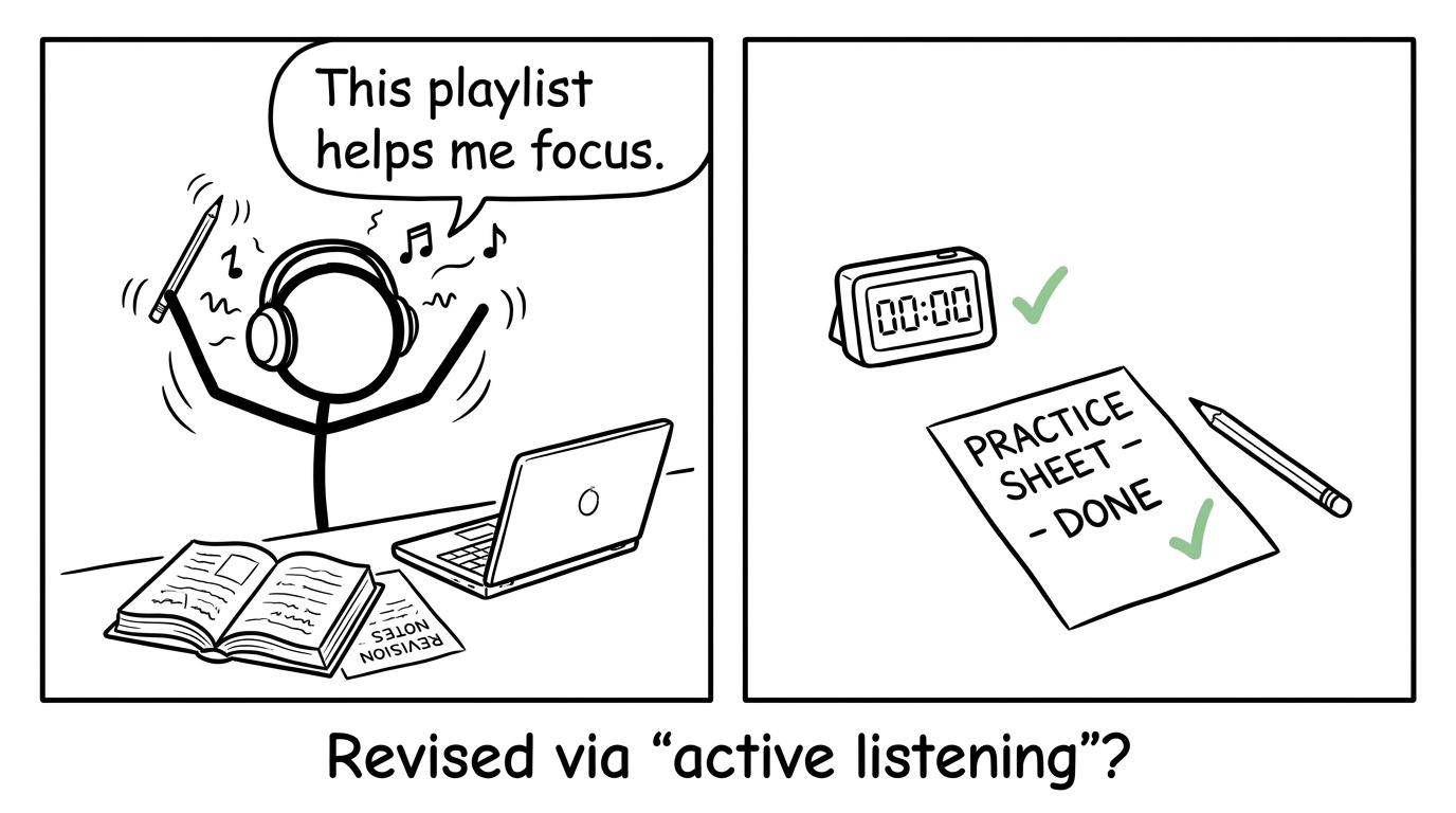A playlist claims to improve focus while a quiet practice sheet gets the work done
