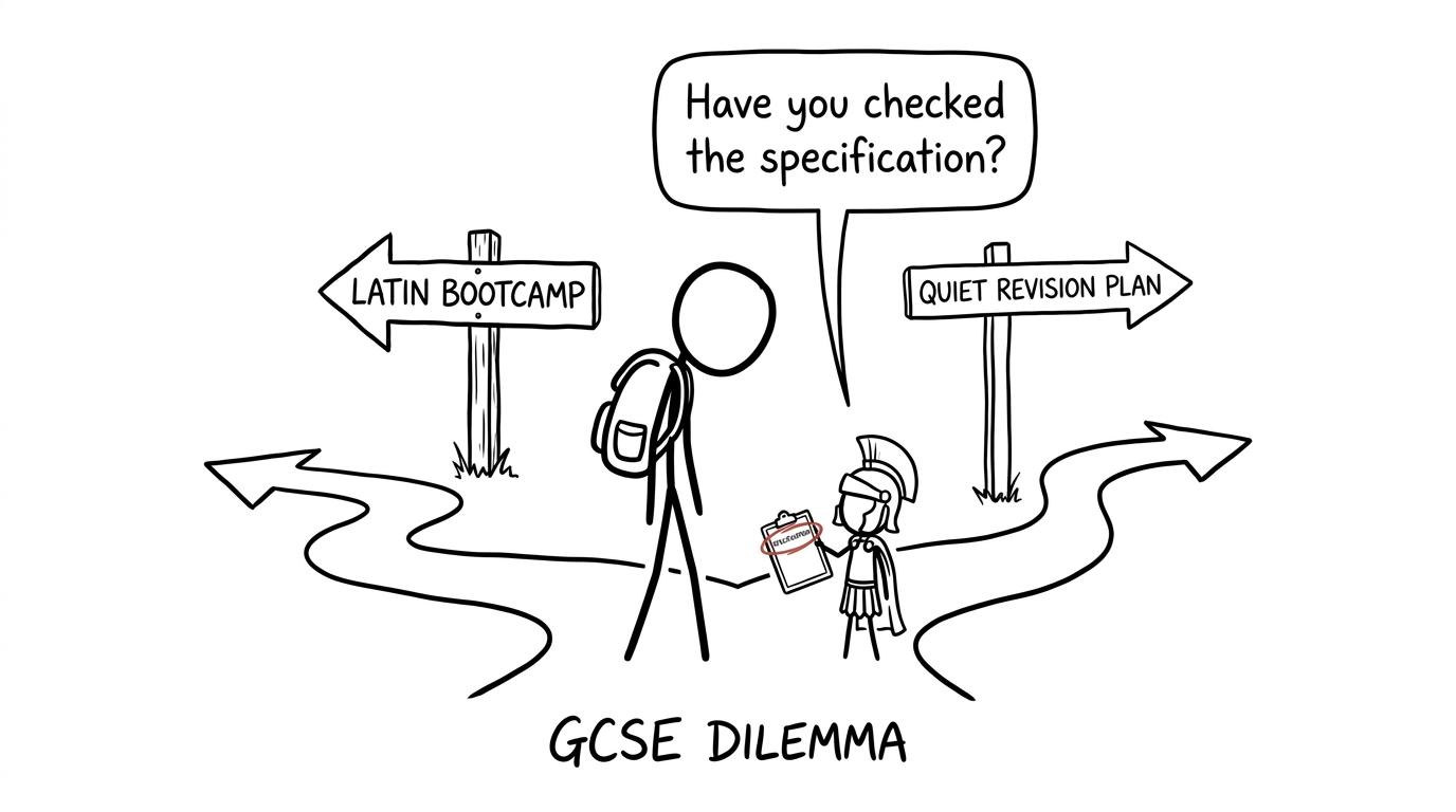 A student choosing between a Latin bootcamp and a quiet revision plan while a tiny Roman checks the specification