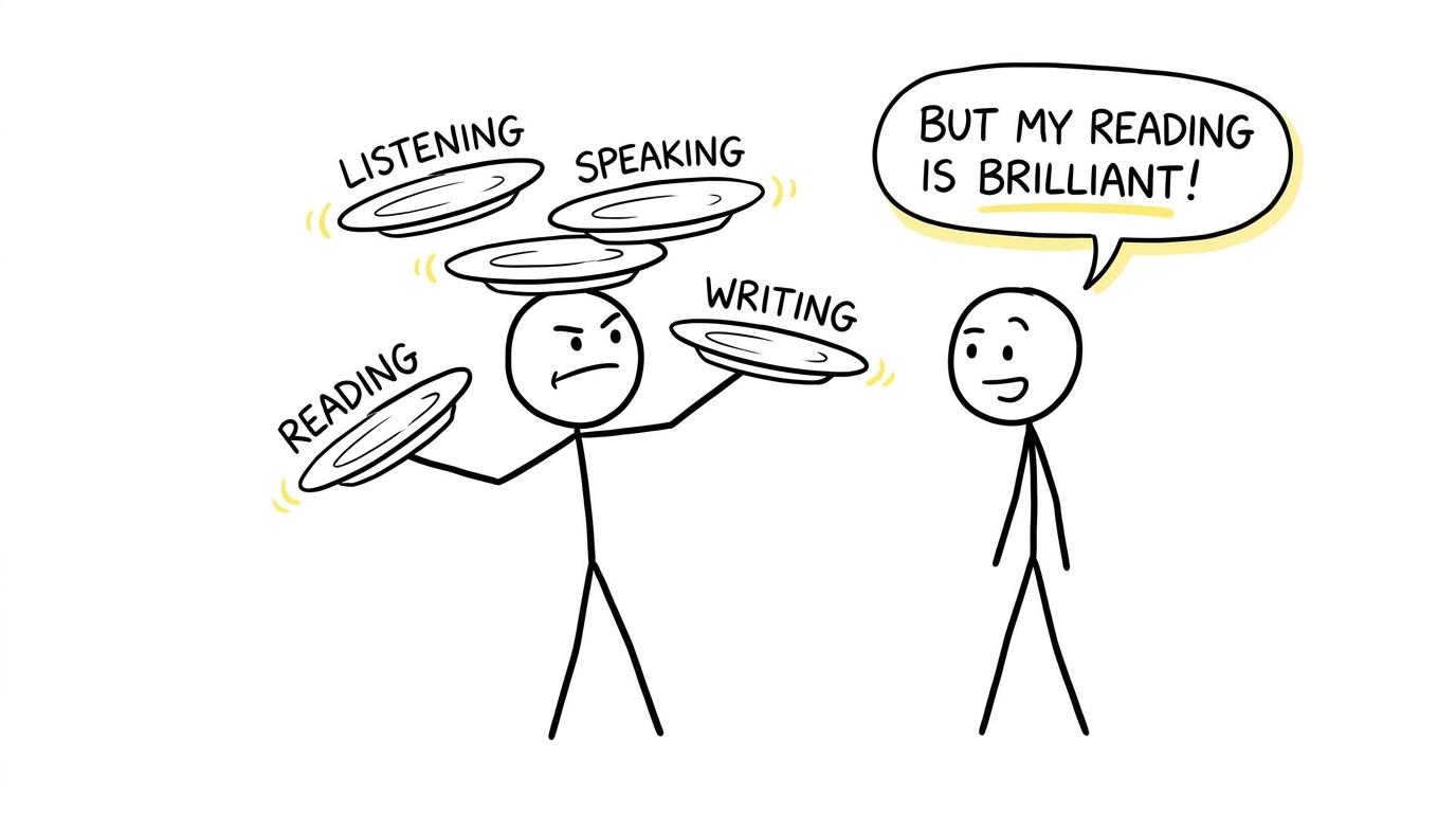 A student balancing listening, speaking, reading and writing