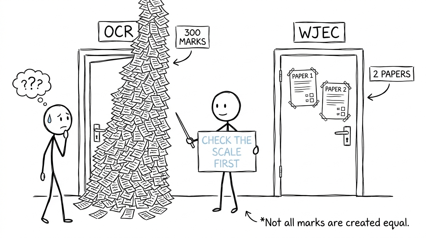 A student discovers that OCR and WJEC results use different scales