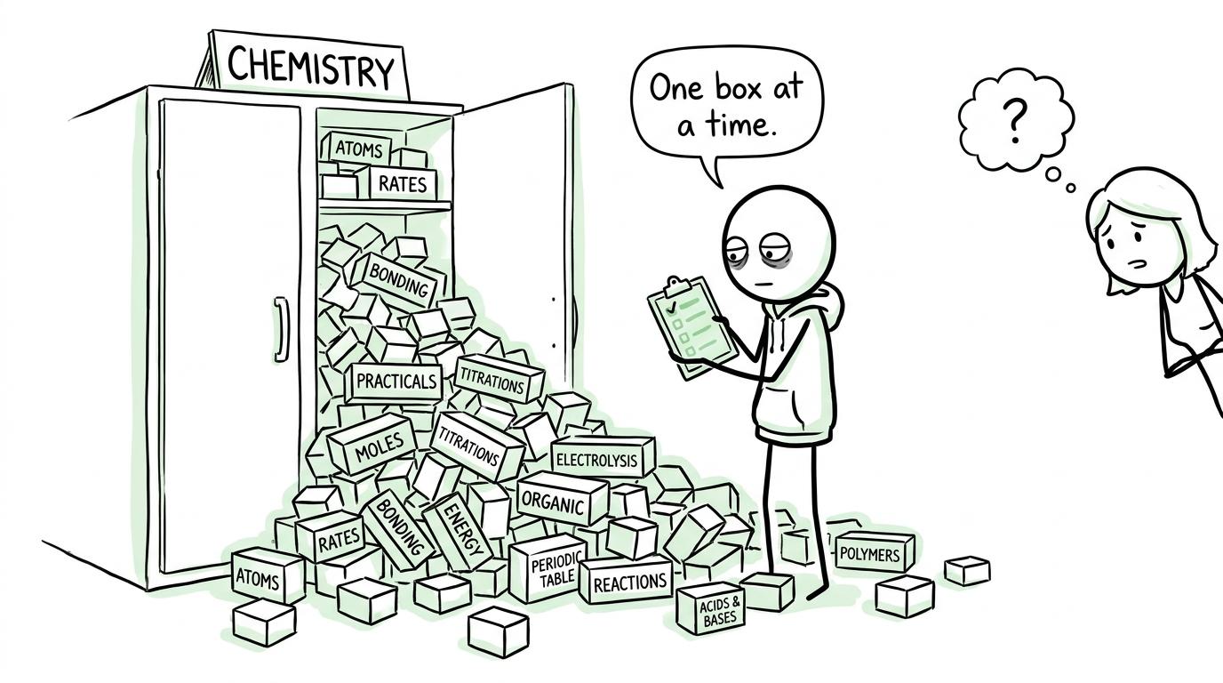 A student calmly tackling a cupboard full of Chemistry topics one box at a time
