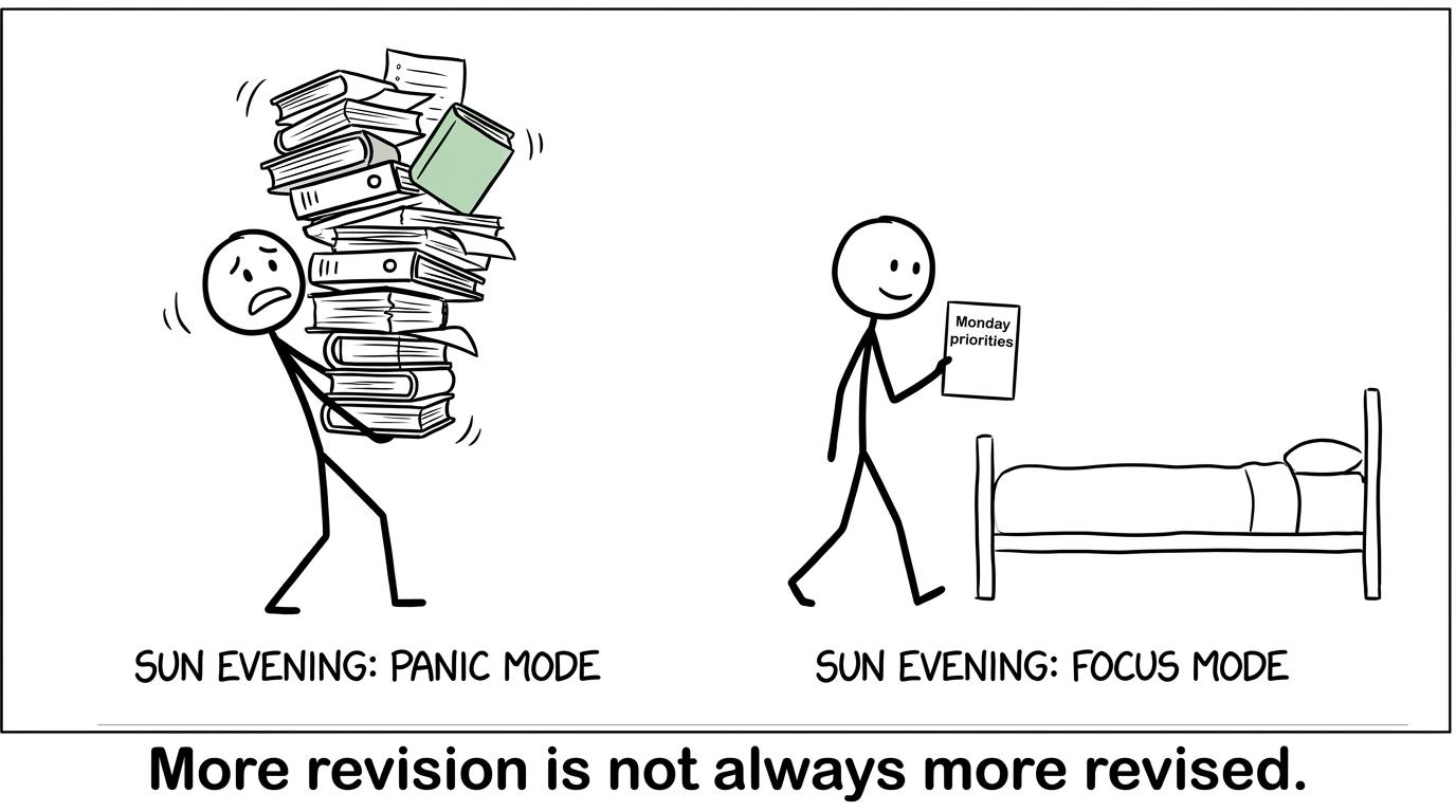 One student carrying too many notes while another calmly takes a short priority list to bed