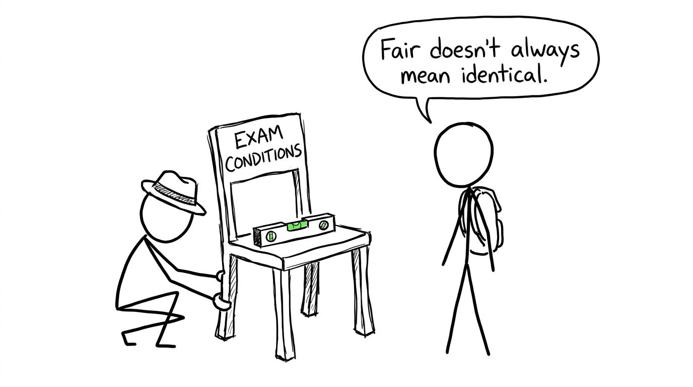 An invigilator adjusts exam conditions while a student observes that fair does not always mean identical