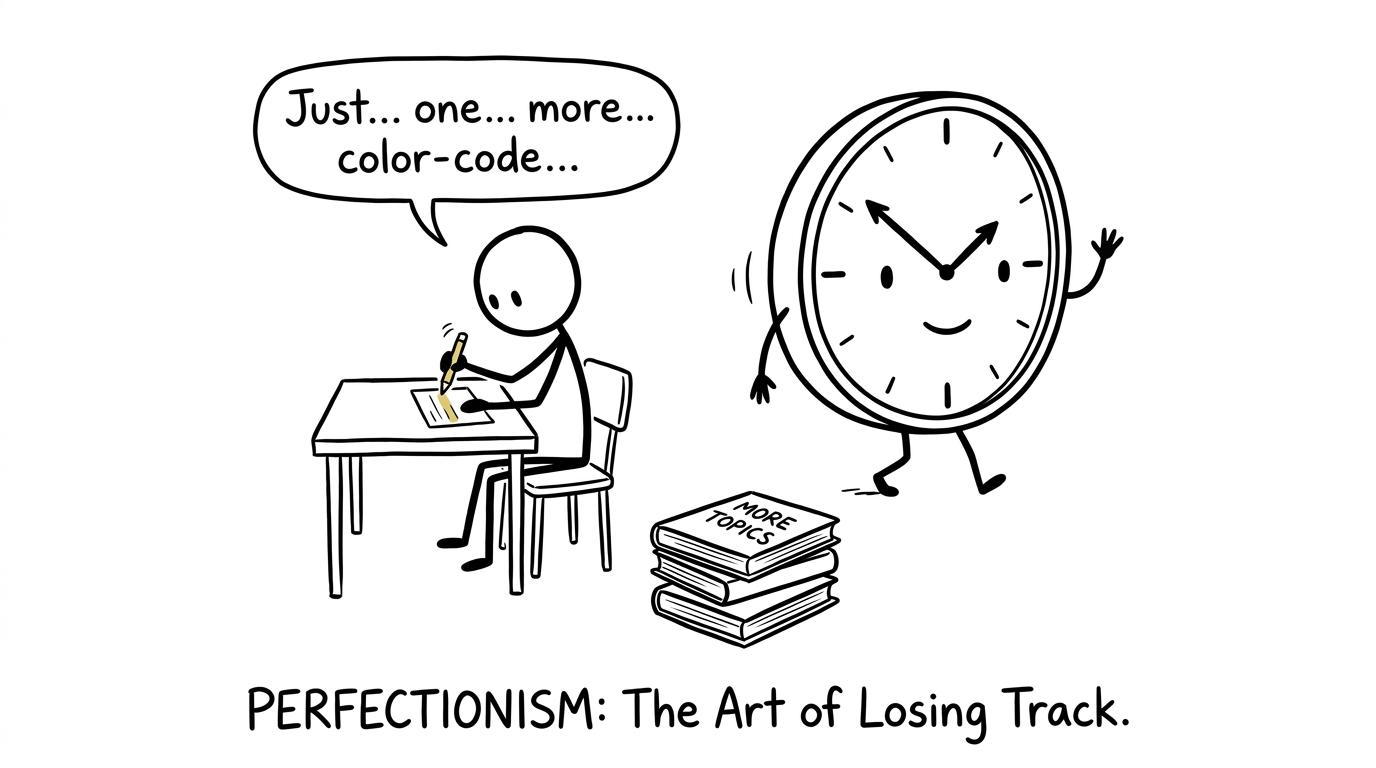 A student perfects one revision card while time walks away