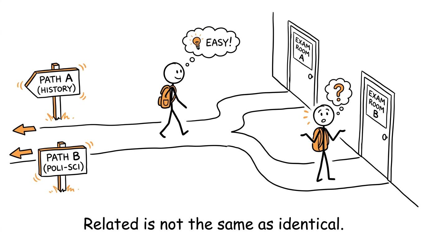 Two related language paths leading to separate examination rooms
