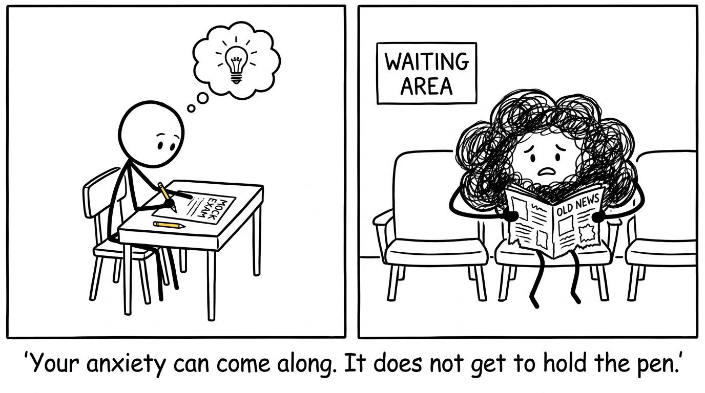 An exam worry cloud waiting while the student gets on with the paper