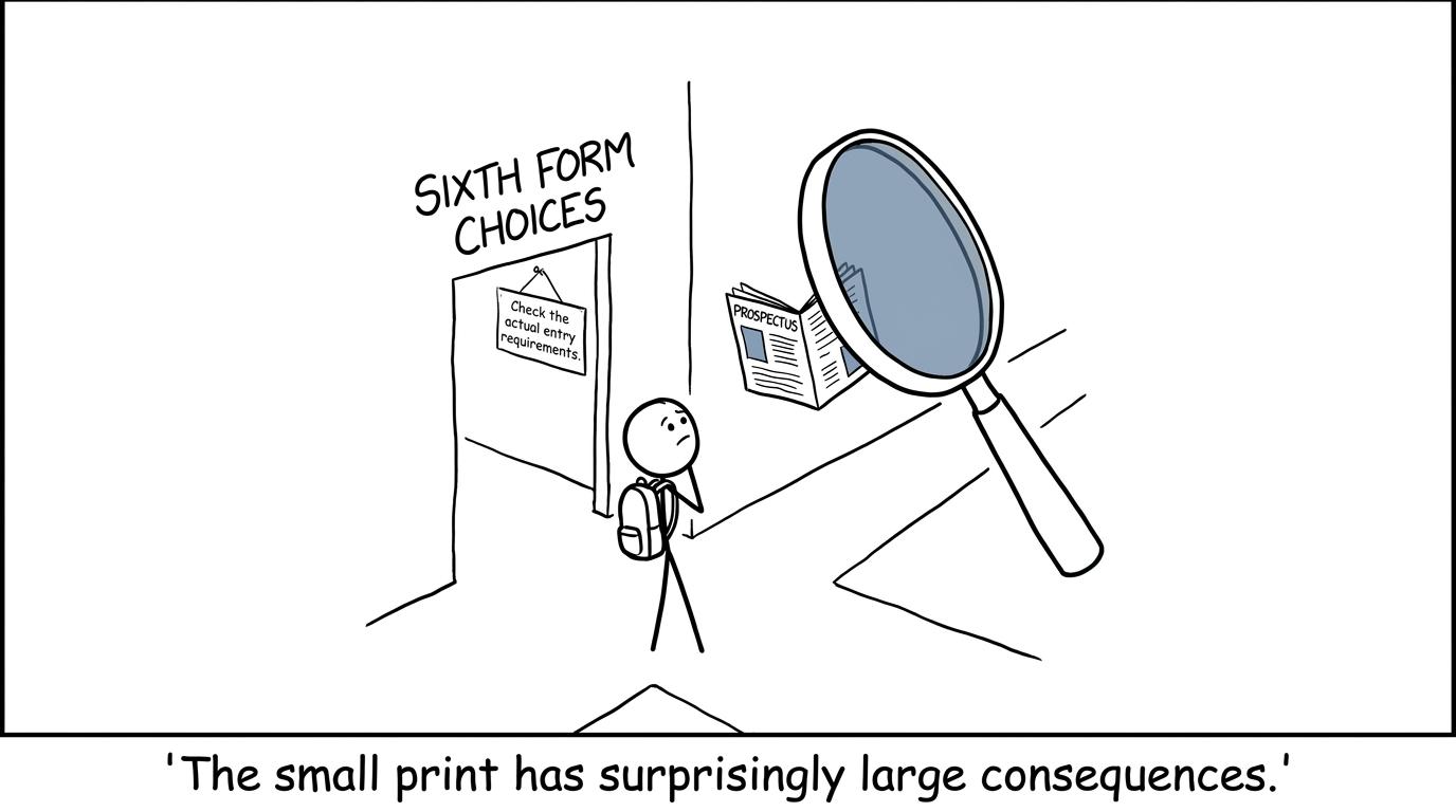 A student examines the small print of sixth form choices with an enormous magnifying glass