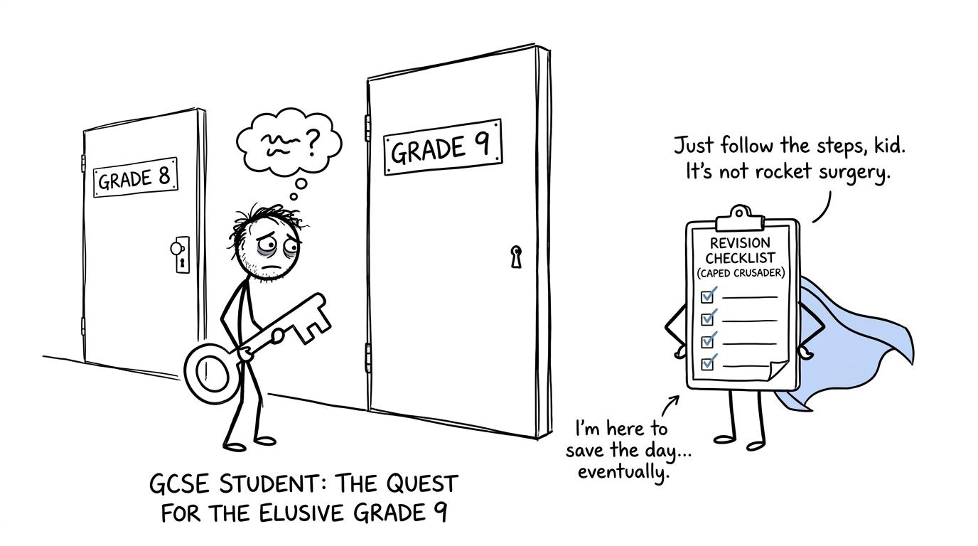 A student discovers that the grade 9 door needs a revision checklist rather than a magical key