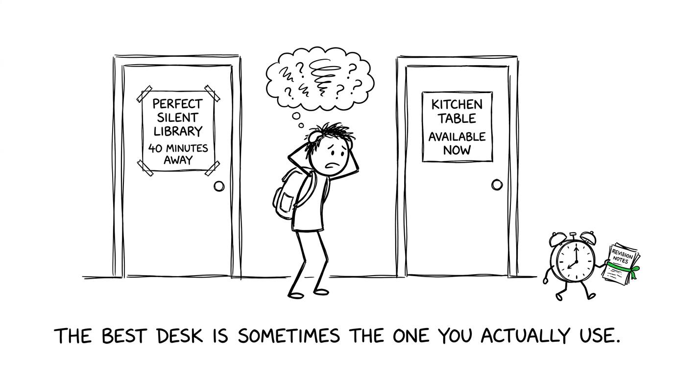 A student loses revision time while choosing between a distant perfect library and an available kitchen table