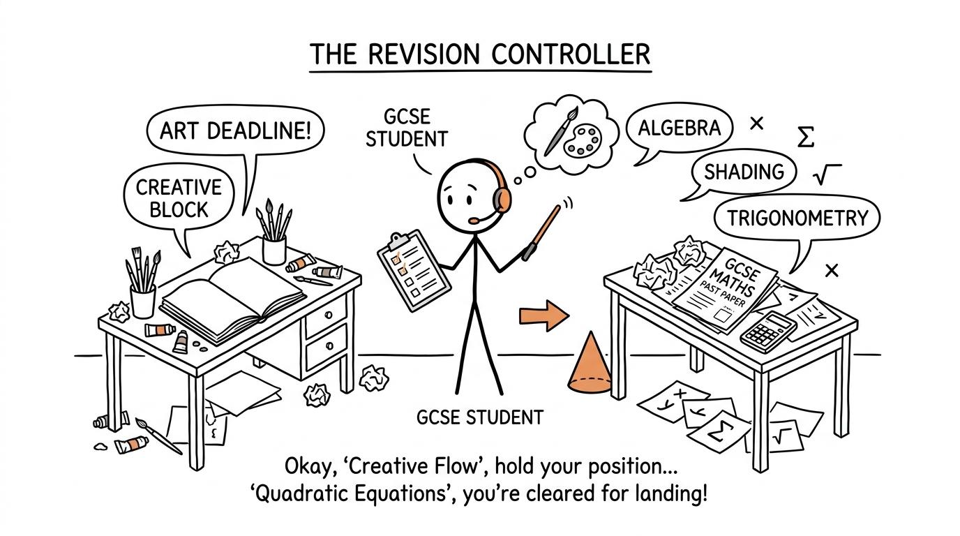 A student calmly switches between art proofreading and maths revision