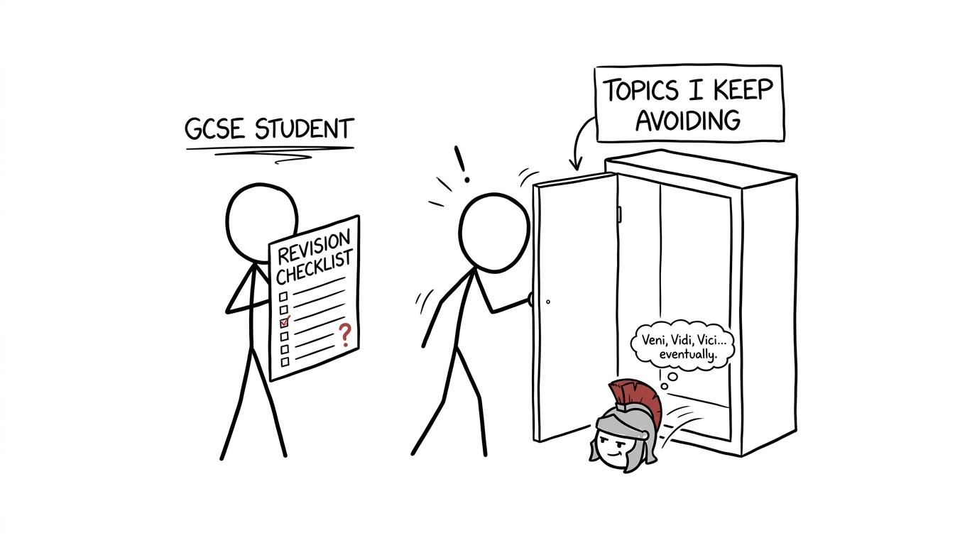 A student confronts a smug Roman helmet escaping from the cupboard of avoided topics