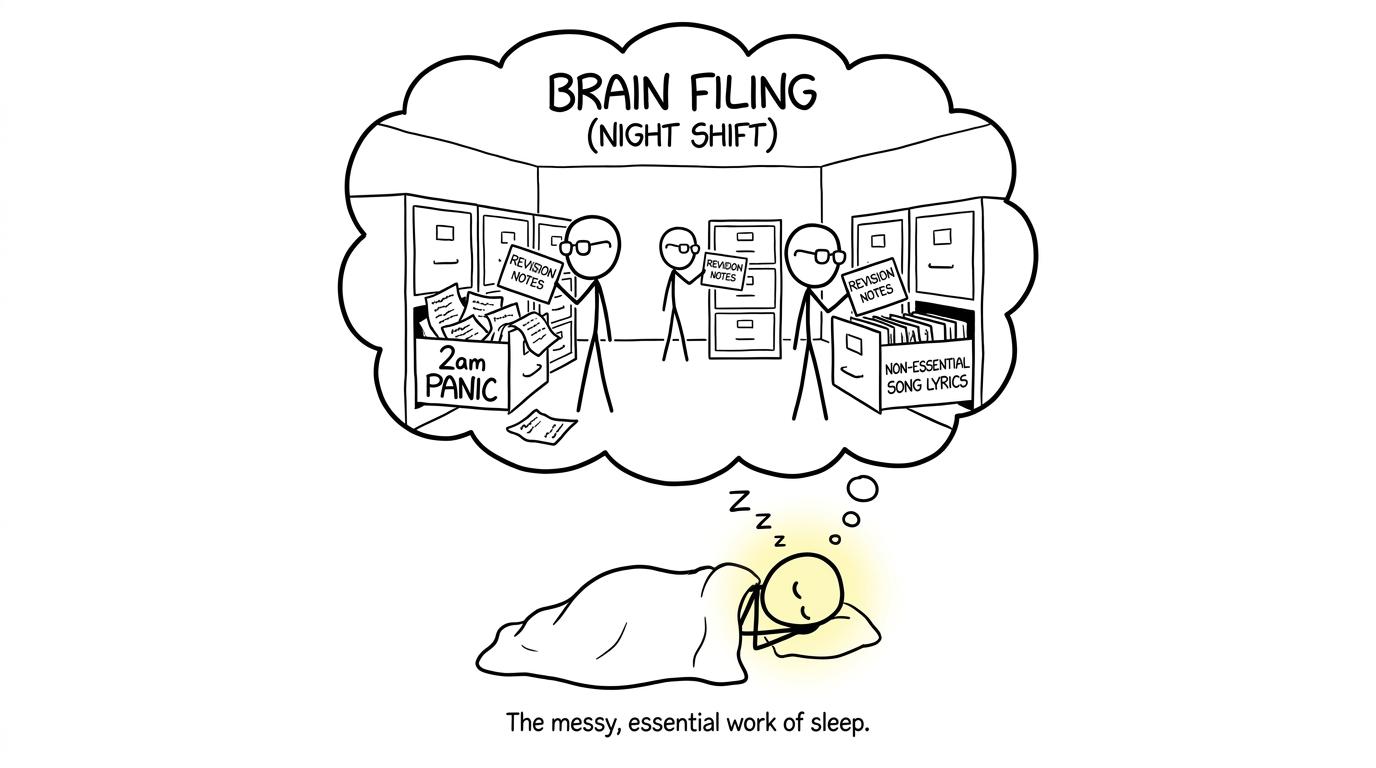 Tiny brain librarians file revision notes while the student sleeps
