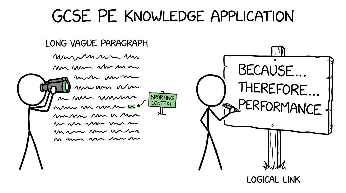 An examiner searches a vague paragraph for sporting context while a clear reasoning signpost stands nearby