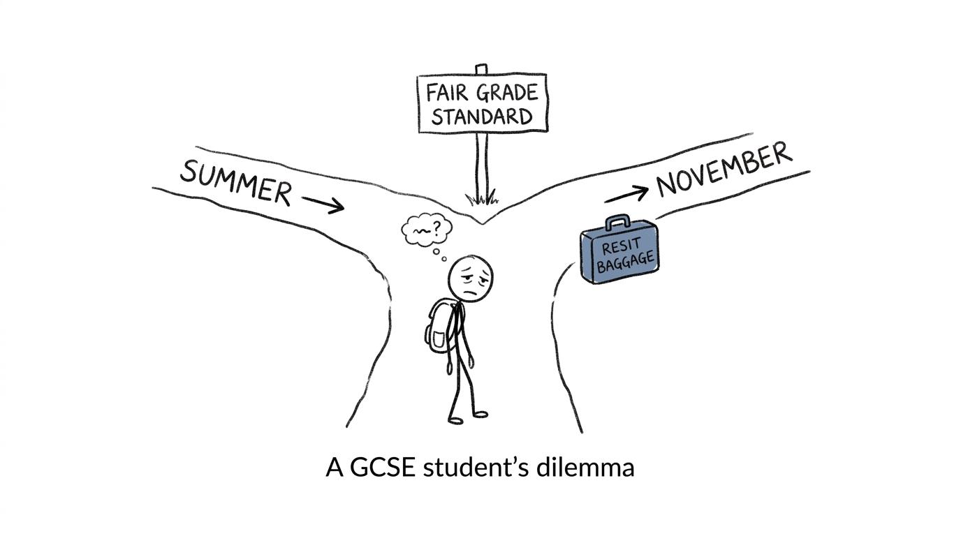 A student choosing between summer and November paths that lead towards the same grade standard