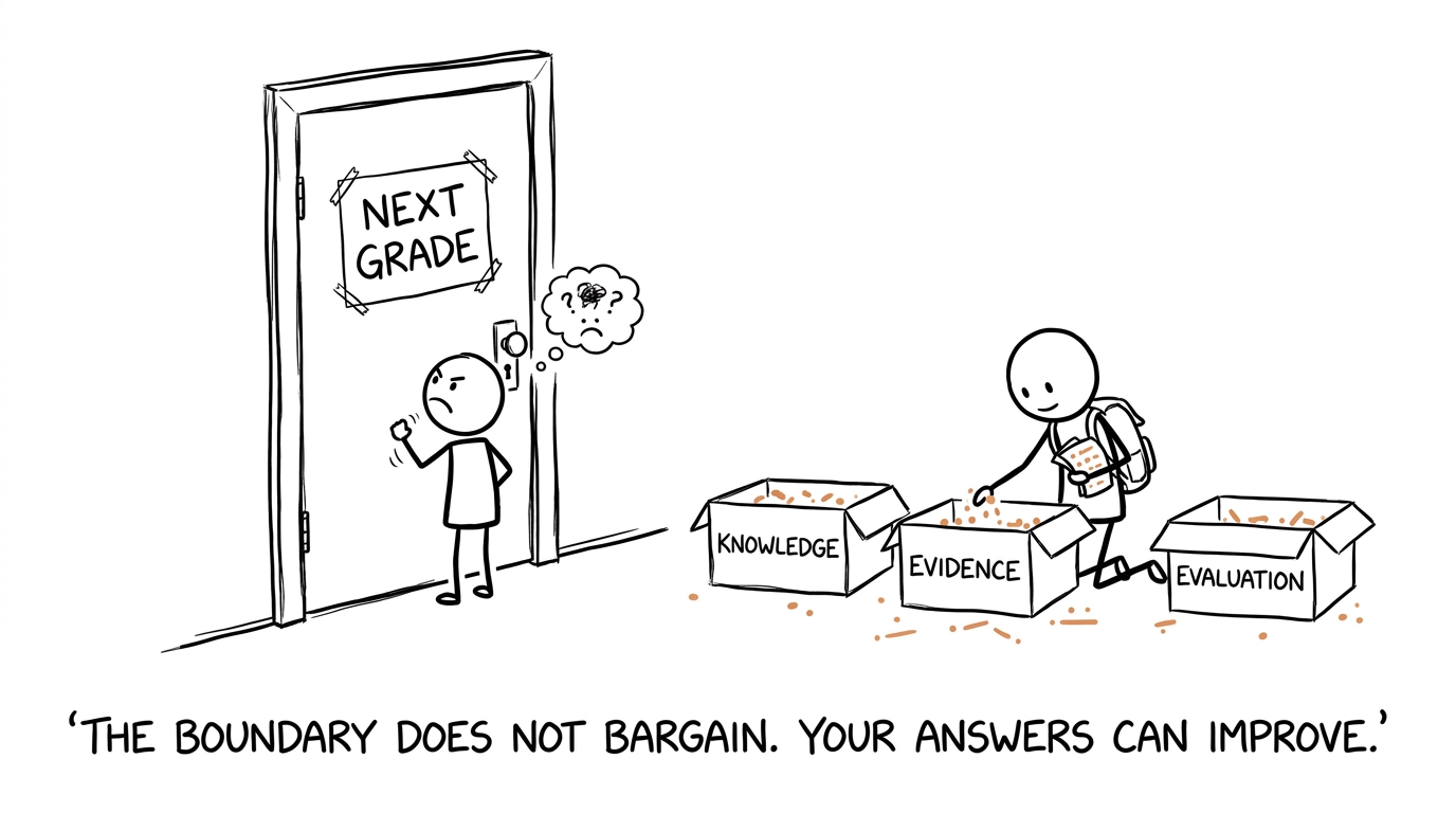 A student tries to bargain with a grade boundary while another collects marks