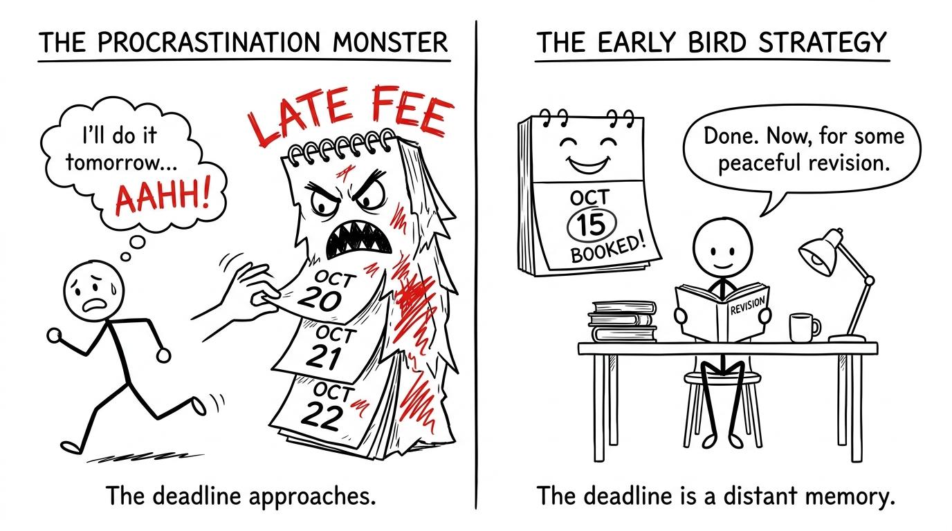 A late-fee monster grows while an early-booking student calmly returns to revision