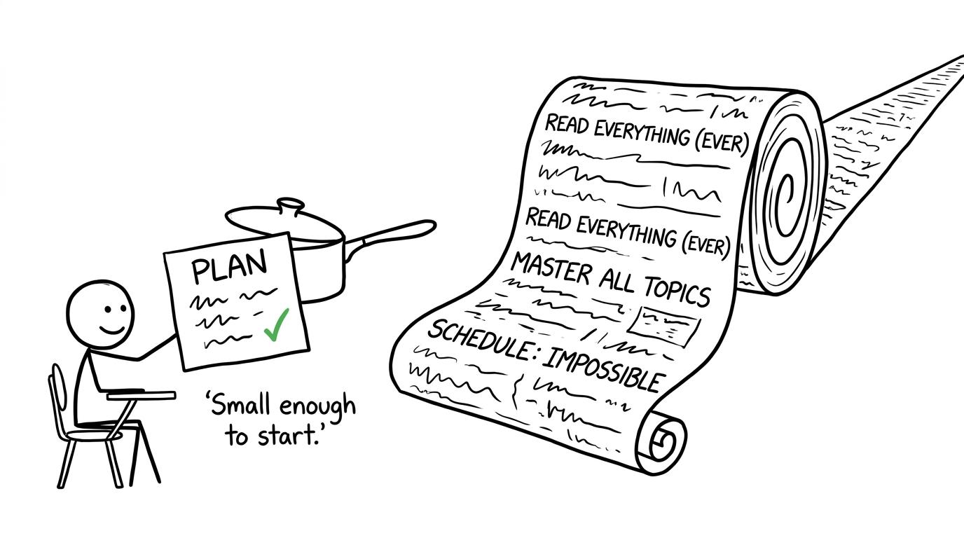 A student choosing a small workable plan instead of an enormous timetable