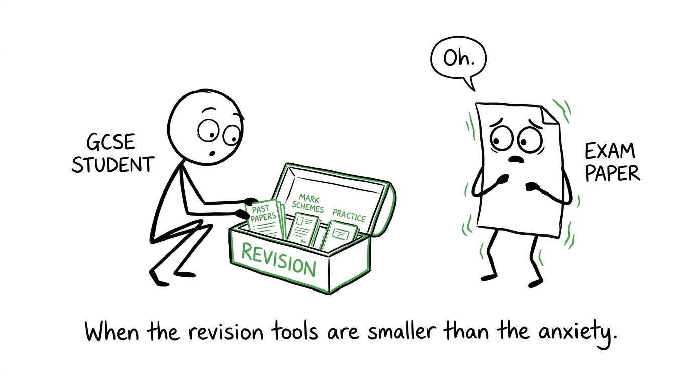 A GCSE student opening a revision toolbox while an exam paper looks worried