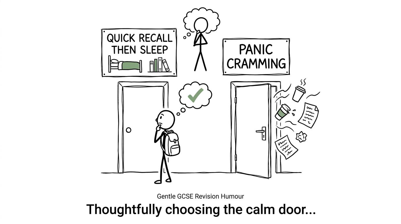 A student choosing calm recall and sleep instead of chaotic panic cramming