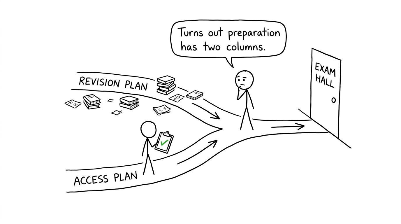 A revision plan and access plan merge at the exam hall