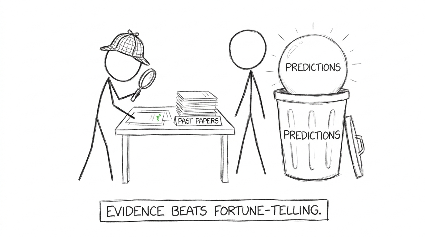 A student detective chooses past-paper evidence over a crystal ball