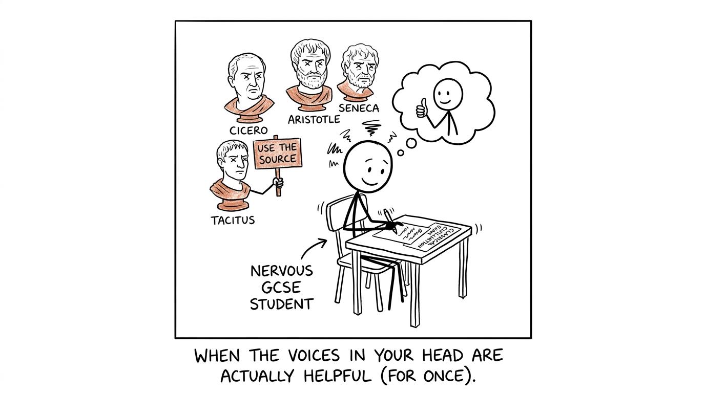A Classical Civilisation statue reminding a nervous student to use the source