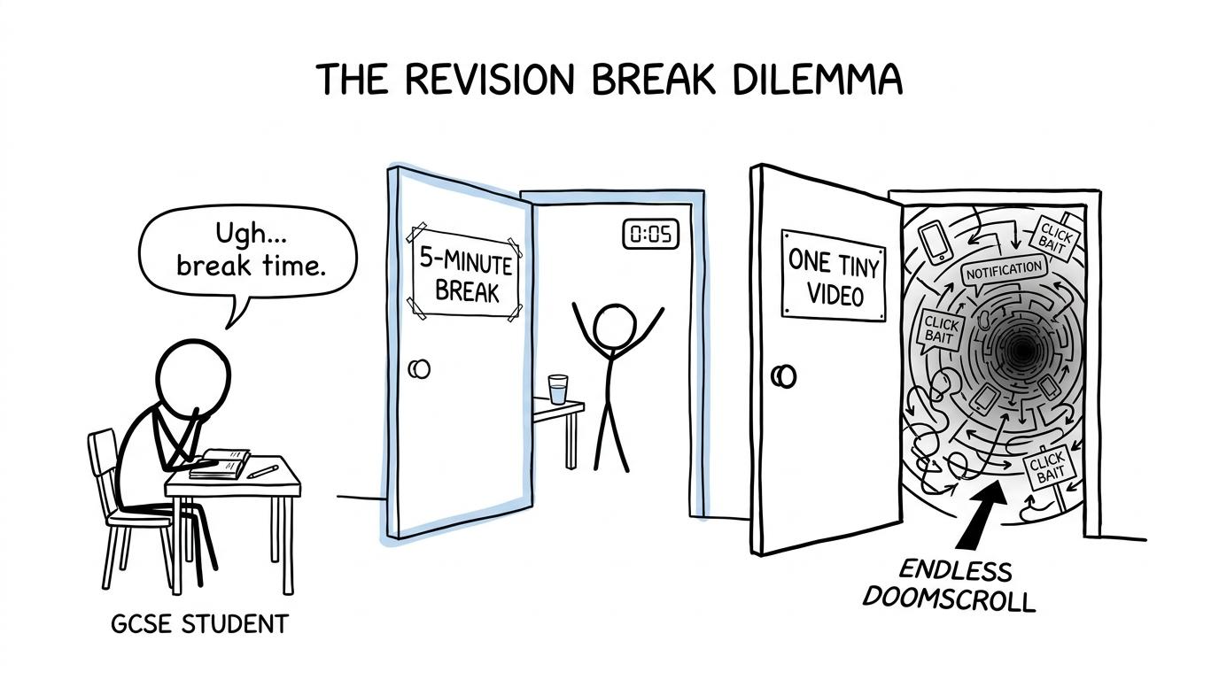 A student chooses between a useful short break and an endless maze of phone notifications