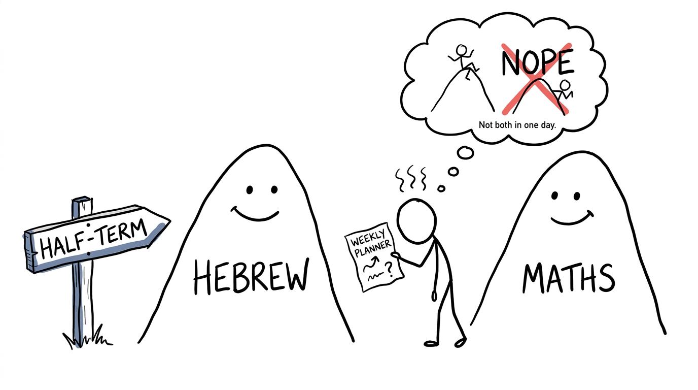 A student planning a route between Hebrew and maths revision mountains