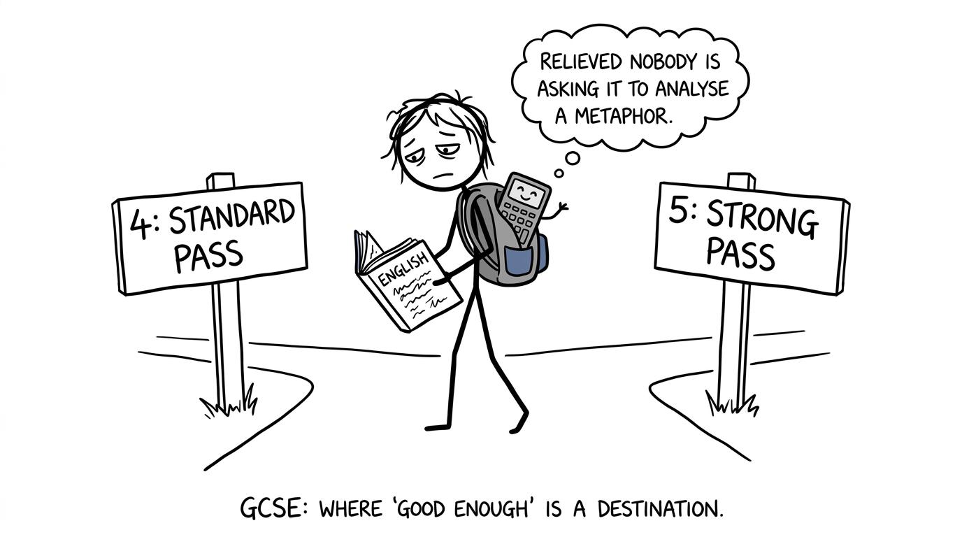 A student choosing between standard and strong pass signs while a calculator avoids metaphor analysis