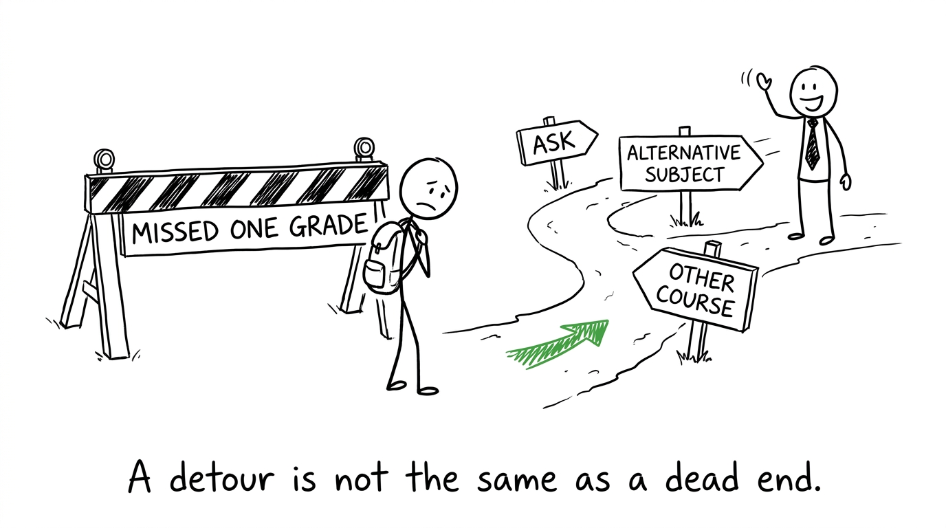 A student discovers that missing one grade may lead to a useful alternative route
